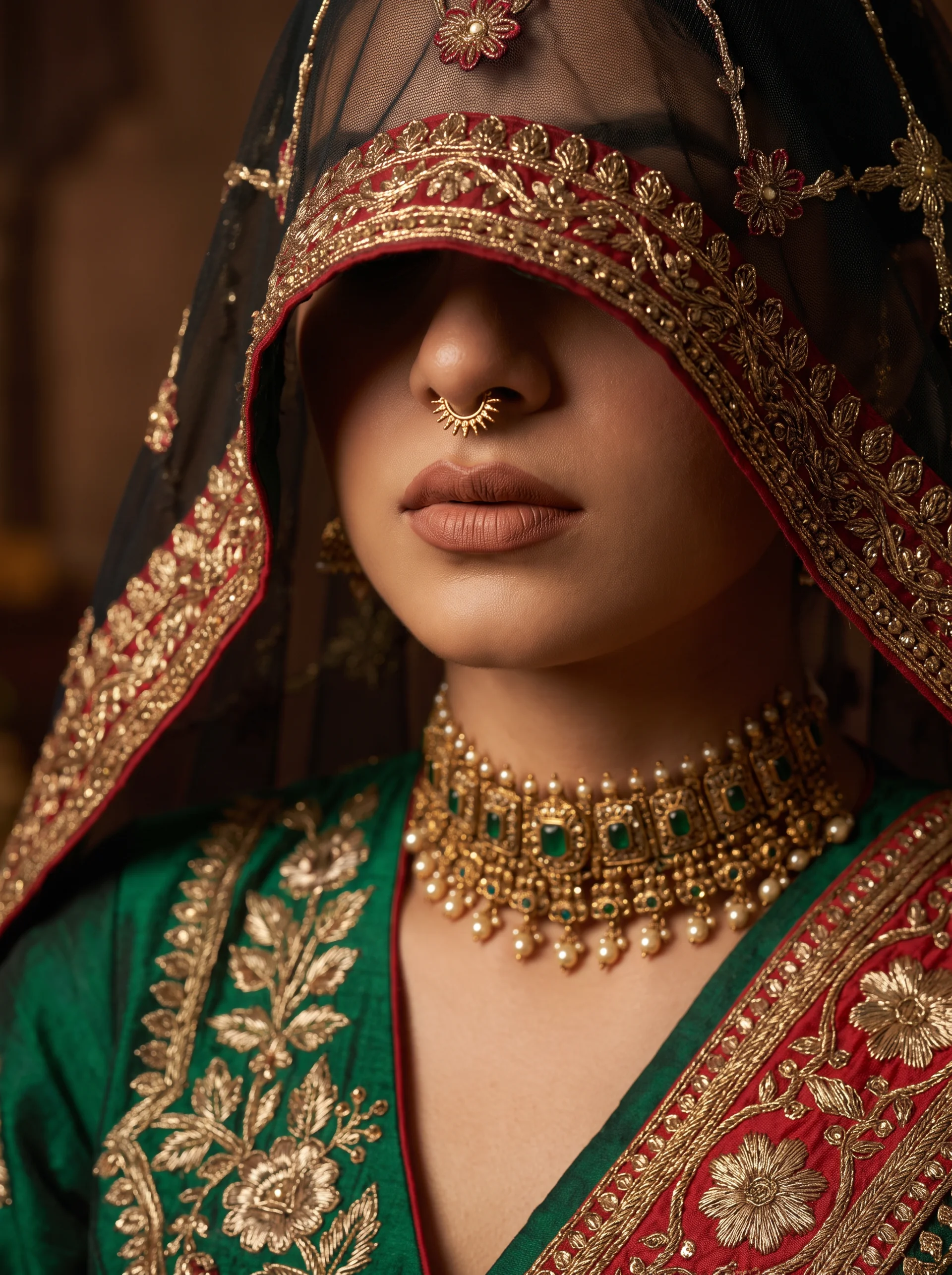 Gold choker and nath under a black embroidered veil