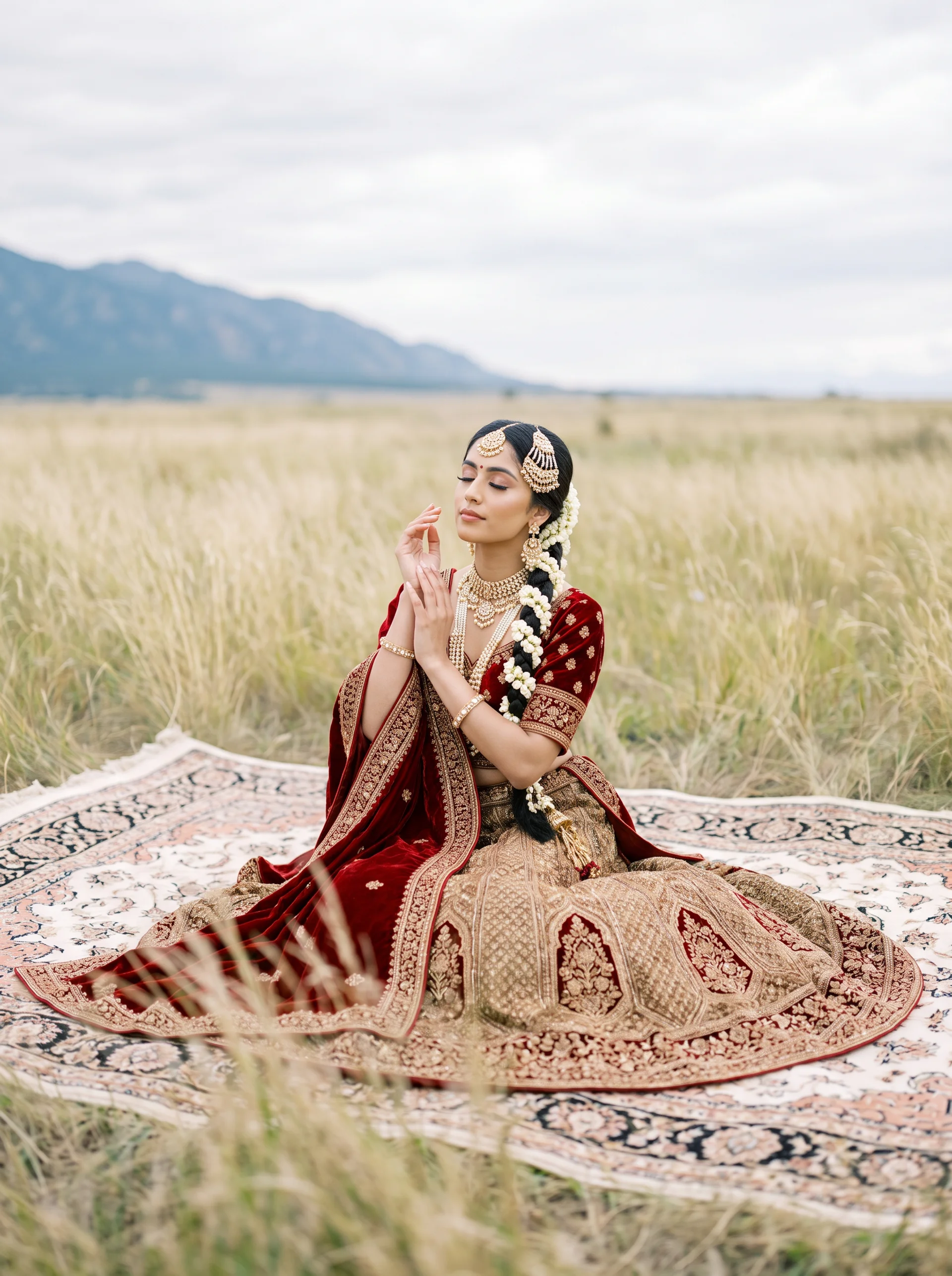 Bridal portrait on a rug with mountain backdrop
