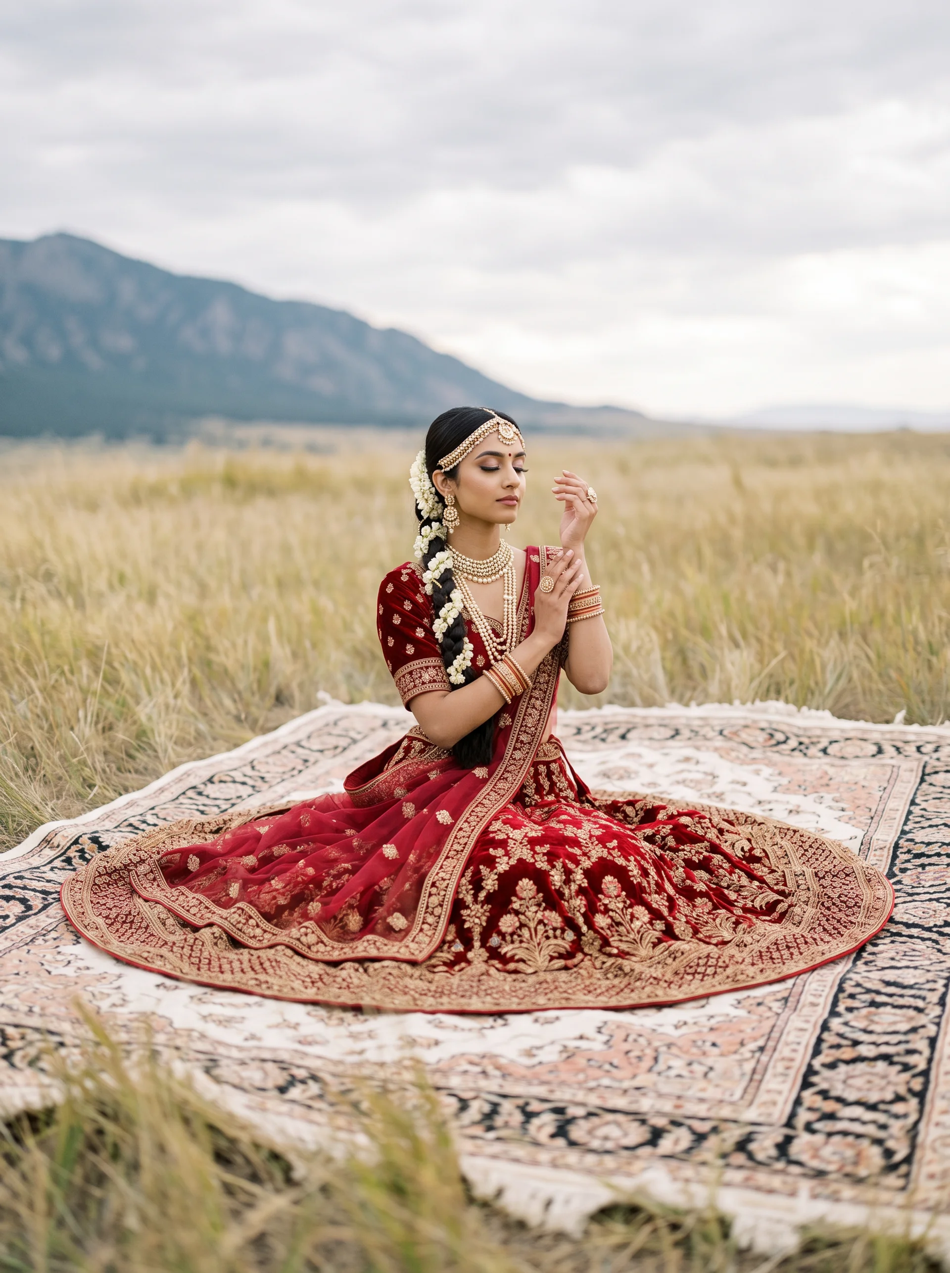 Red bridal lehenga seated on a Persian rug