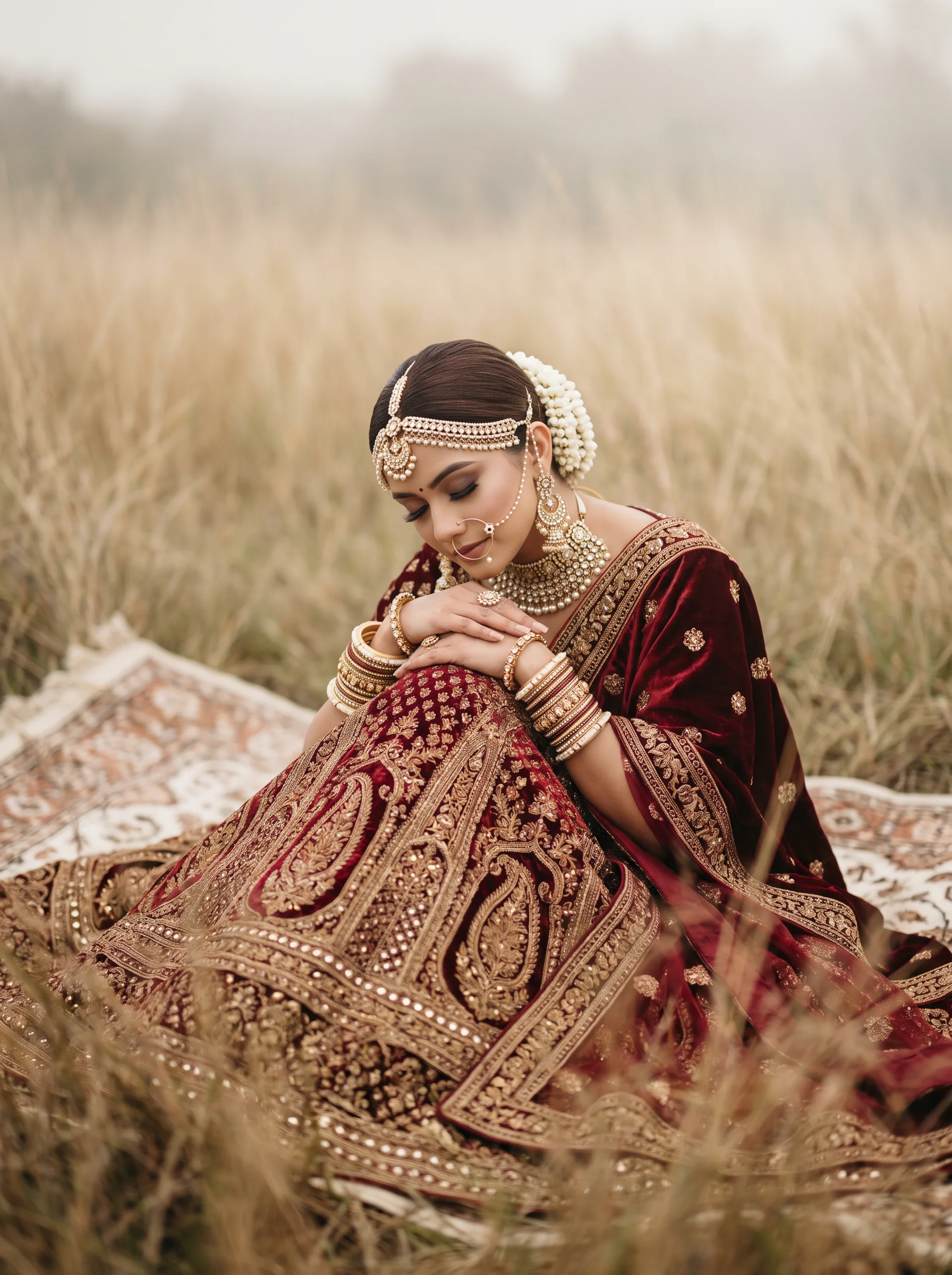 Velvet bridal lehenga with matha patti in tall grass