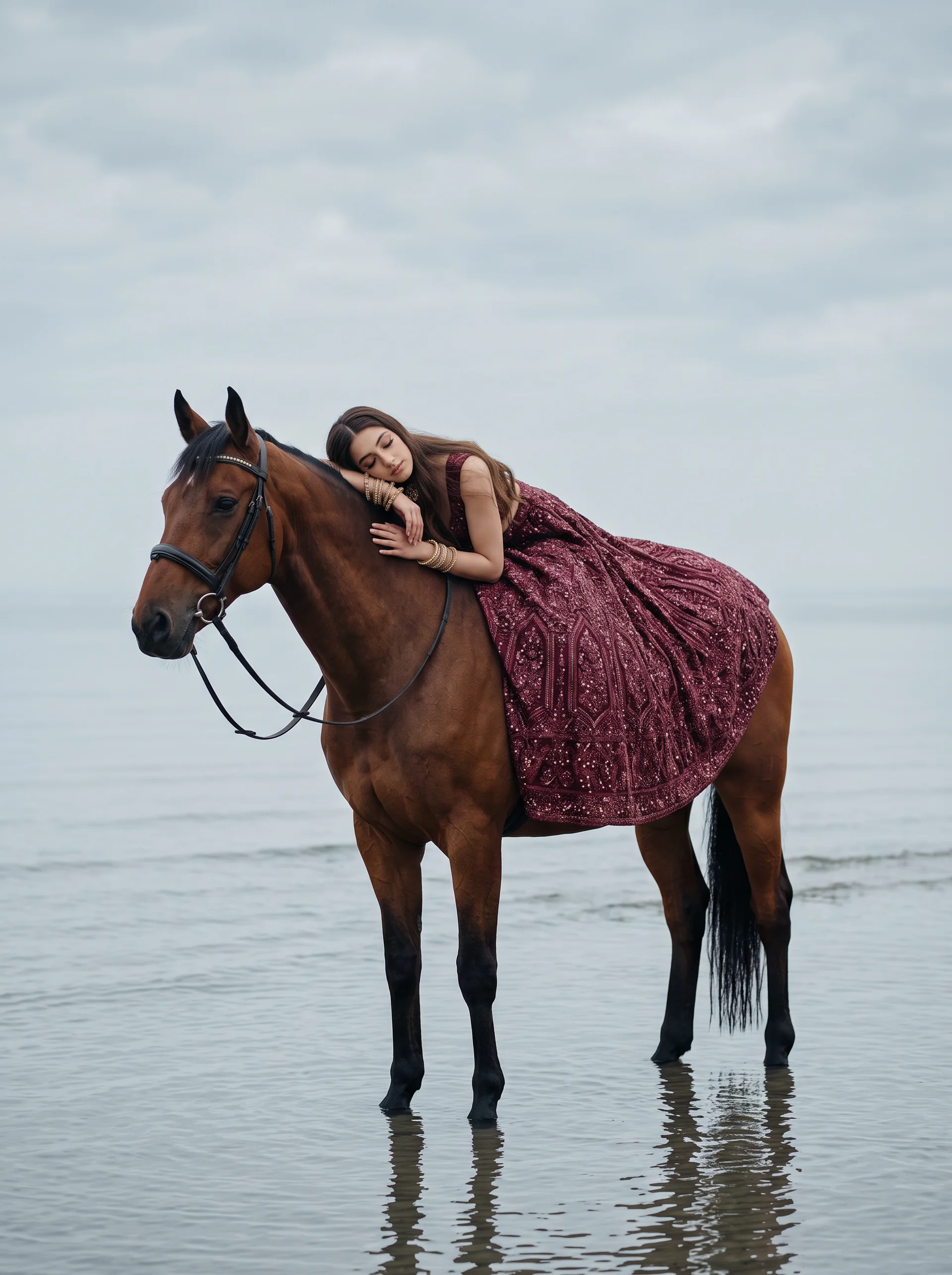 Editorial portrait with horse in shallow water
