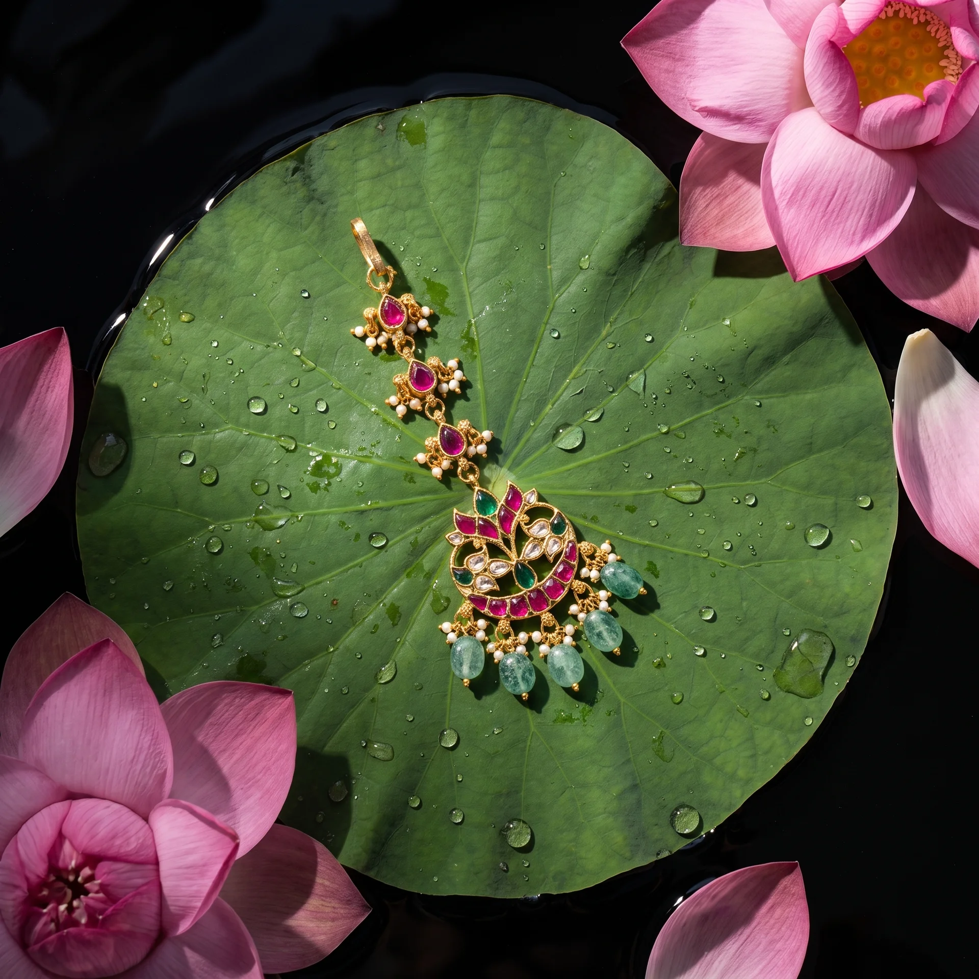 Kundan maang tikka on a lotus leaf with water droplets