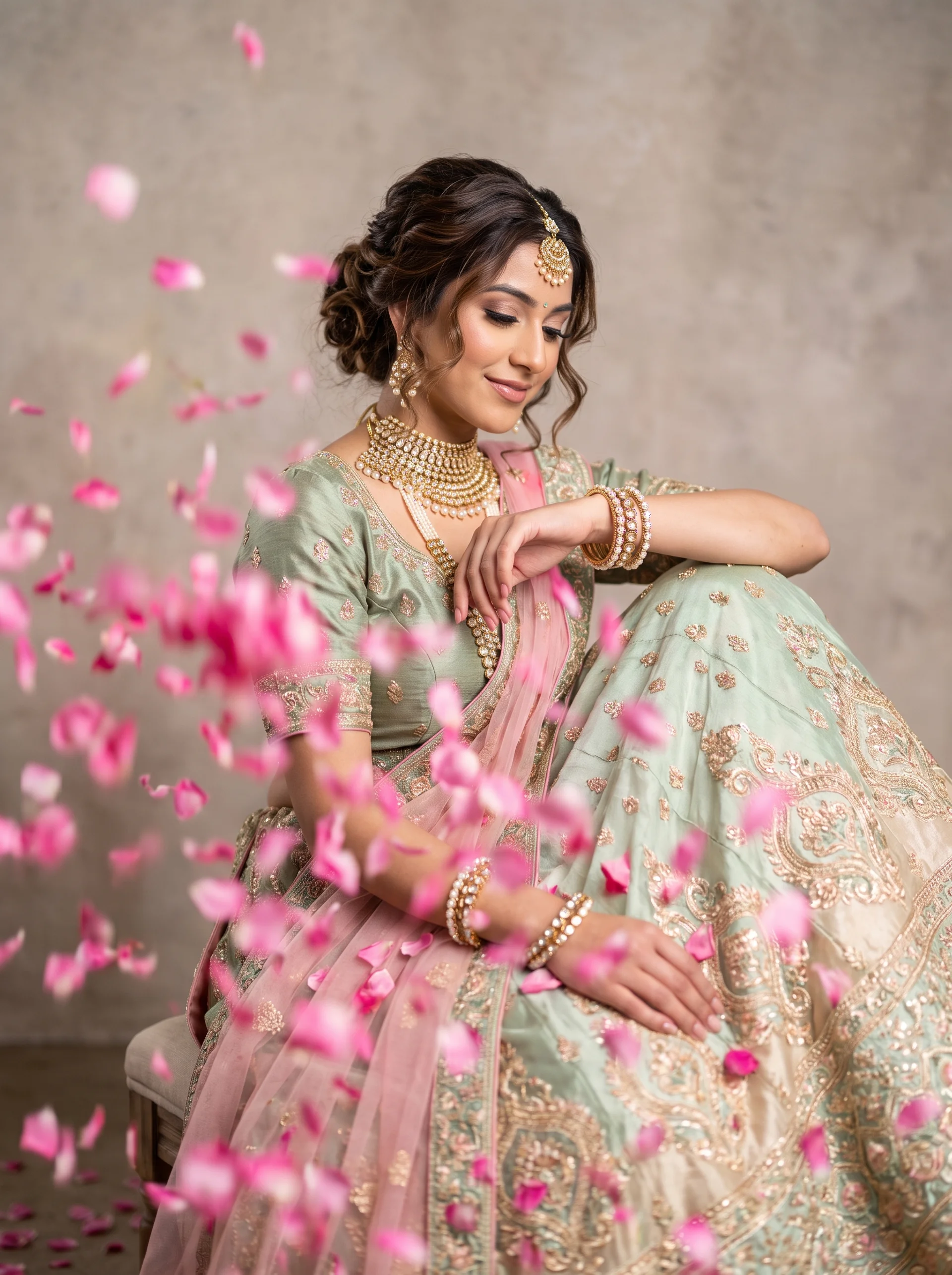 Mint and pink bridal lehenga in a petal shower
