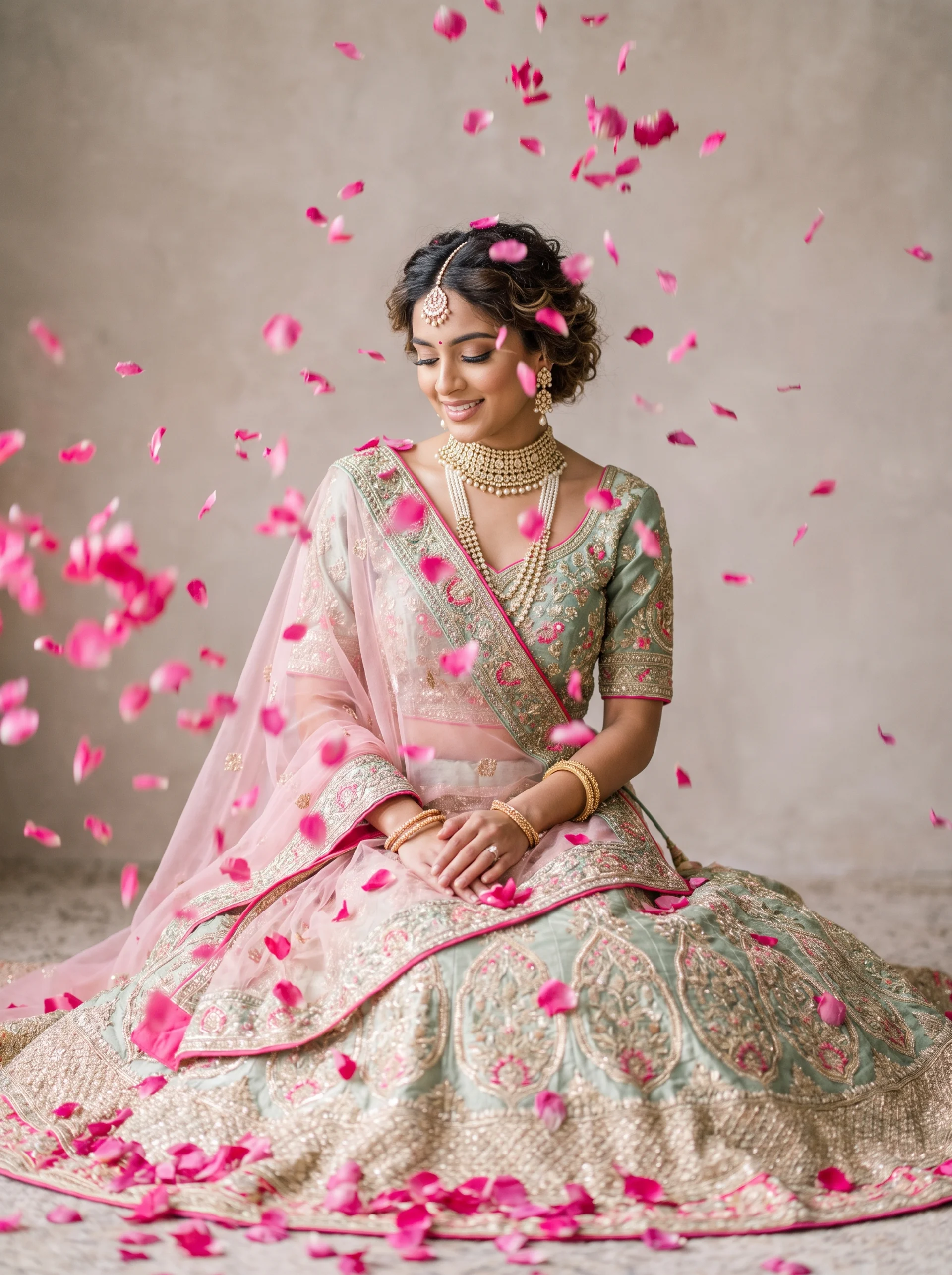 Pastel bridal lehenga with falling rose petals