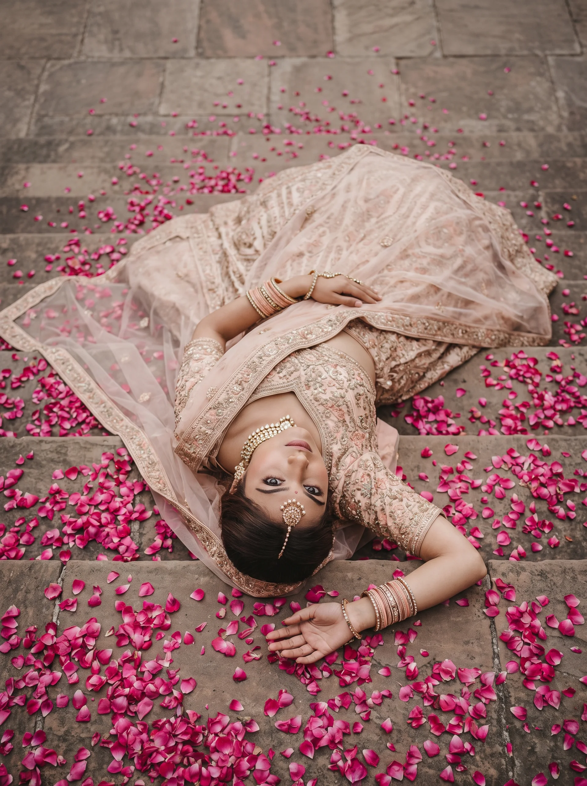 Bridal lehenga editorial on stone steps with rose petals