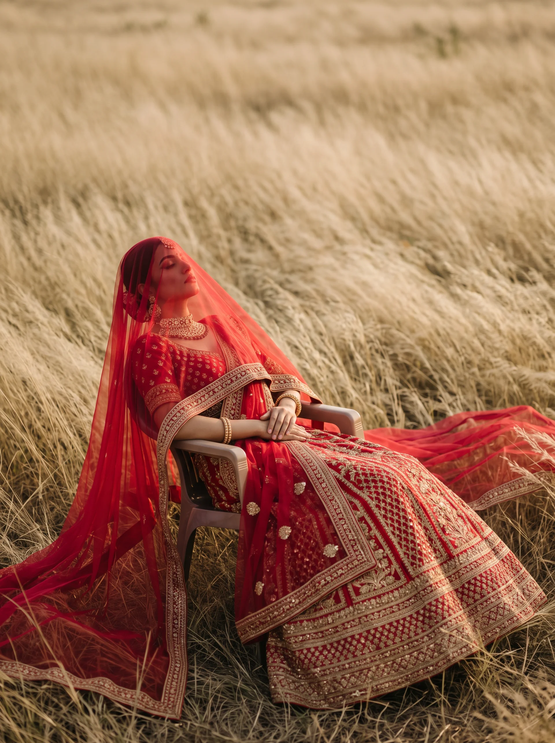 Red bridal veil portrait in tall grass