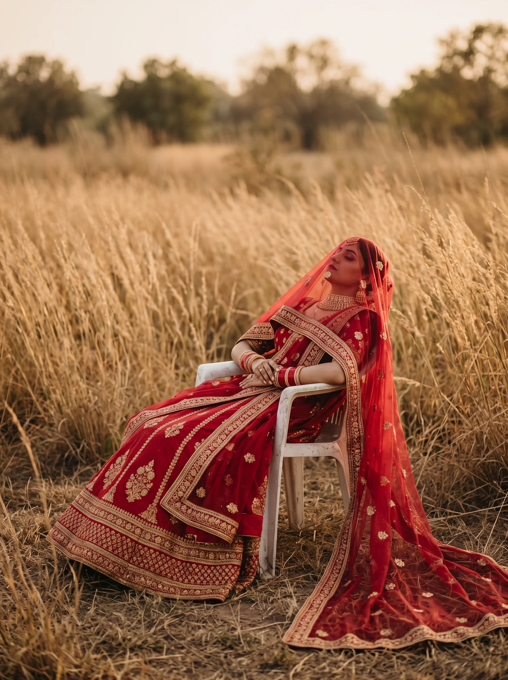 Red bridal veil editorial at golden hour
